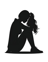 Silhouette of a person sitting, head resting on knees, in distress