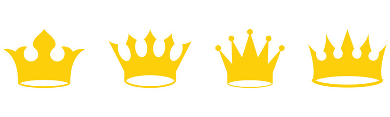  Set of vector crown icons. Royal luxury vintage crown icons.  Classic modern isolated crown icons set. Glowing golden isolated king and queen vector crown icon set on white background.