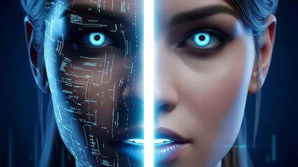 Split face of a woman, half digital, half human, glowing blue eyes futuristic elements - Powered by Adobe