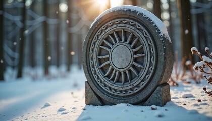 Pagan sun symbol carved in old stone with Nordic ornaments in snowy forest, winter solstice in pagan cultures theme