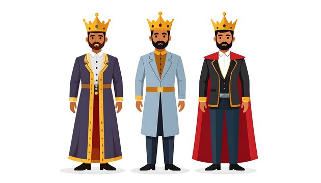 Three cartoon kings wearing crowns and formal robes stand proudly