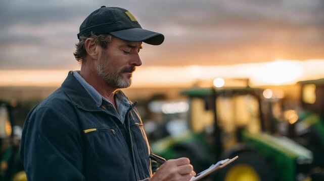 A farmer shares insights with peers at sunset, clipboard in hand, amidst attentive faces and farm vehicles.