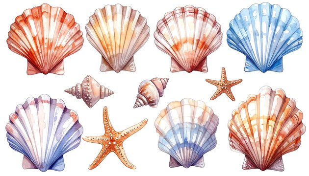 Watercolor collection of diverse ocean shells and starfish
