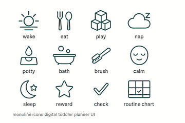 Monoline icons for digital toddler planner: wake, eat, play, nap, sleep, routine