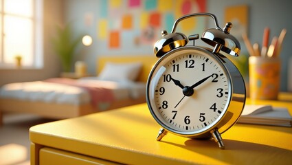 Close-up of a classic twin-bell alarm clock on a yellow table in a sunlit bedroom with warm morning light and a blurred background
