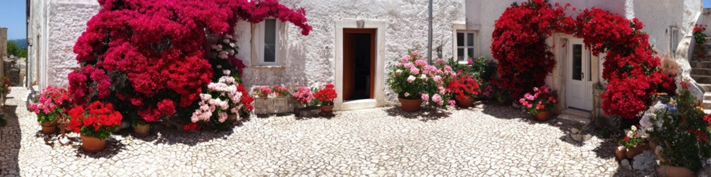 Exterior view of building with vibrant red flowers and white stone patio
