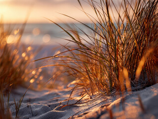 Warm golden sunlight illuminating delicate beach grasses growing in sandy dunes with a soft blurred ocean backdrop during a serene sunset moment