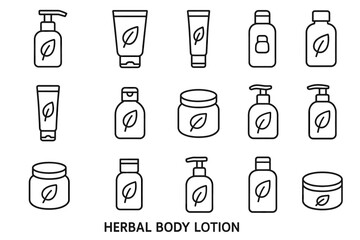 Herbal body lotion icon set in outline style