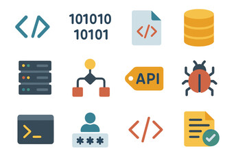 Technology icons set: coding, api, database, bug, server, authentication