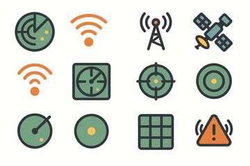 Set of communication and radar icons featuring satellite and wi-fi symbols