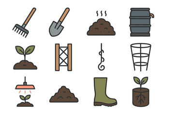 Garden tools and elements icons - rake, shovel, compost, plants, water barrel