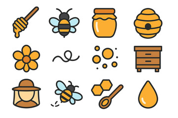 Colorful icons of beekeeping tools and symbols including bees, honey, and hives