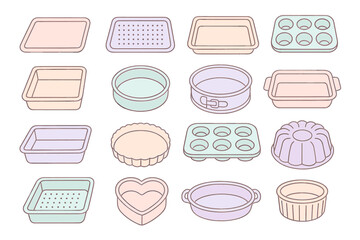 Illustrated set of various baking pans and molds in pastel colors