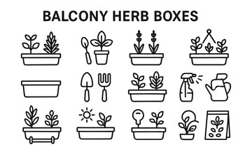 Balcony herb boxes: icon set for urban gardening and plant care
