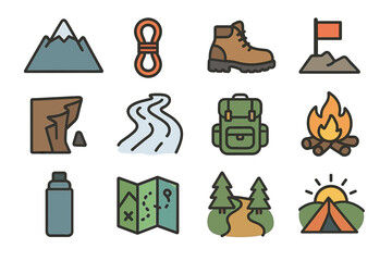 Outdoor adventure hiking icons: mountain, backpack, campfire, trail, map
