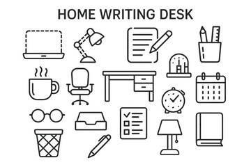 Home writing desk icon set: laptop, lamp, documents, art supplies