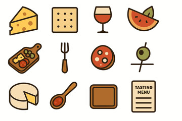 Assorted food and drink icons featuring cheese, crackers, wine, and watermelon
