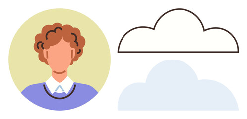 Portrait of a person with a simple blue top beside outlined and filled clouds. Ideal for digital storage, online communication, technology, networking, innovation, cloud computing, data sharing