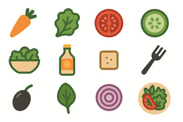 Colorful icons of fresh vegetables and ingredients with fork