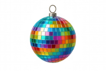 Disco ball featuring vibrant rainbow mosaic tiles. Representing nightlife, music, dance, and celebration. Transparent background