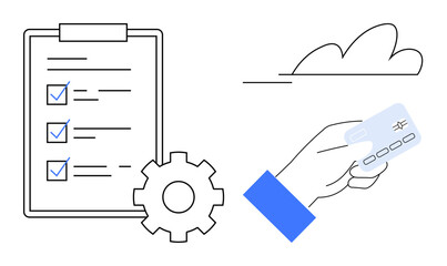 Checklist with checked items, gear symbolizing automation, hand holding credit card, and cloud. Ideal for productivity, efficiency, technology, finance, e-commerce cloud services simple flat