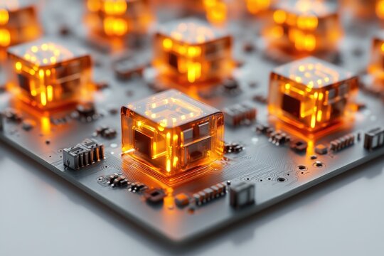 Close-up of a futuristic circuit board with glowing orange, transparent cube-shaped components, representing advanced technology, data processing, and innovation.