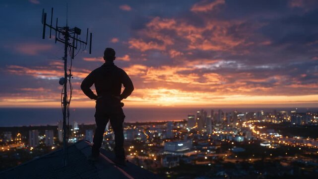 A skilled installer stands proudly on a rooftop edge with a completed antenna, set against a glowing sunset and urban skyline, exuding a sense of achievement.