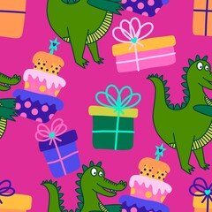 Obraz premium Birthday party seamless crocodile pattern for wrapping paper and fabrics and linens and kids clothes print
