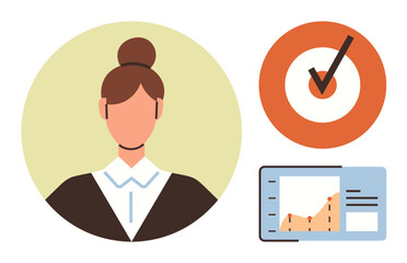 A woman in formal attire, target with checkmark, and analytics chart. Ideal for career, success, efficiency, planning, monitoring achievement leadership themes. Simple flat metaphor