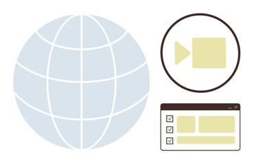 Globe with video player icon and checklist interface, symbolizing global connectivity, online meetings, and digital collaboration. Ideal for remote work, education, project management, productivity