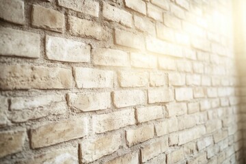 Fototapeta premium Rustic, light-colored brick wall texture, showing mortar and subtle rough surface, illuminated by a warm bright light source.
