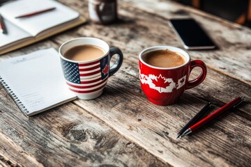 Canadian and american flag mugs on wooden table