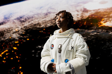 Astronaut looking at planet during scientific mission, mesmerized by beauty. African american spaceship crew member in high tech spacesuit looking at planetary outer space planet during exploration