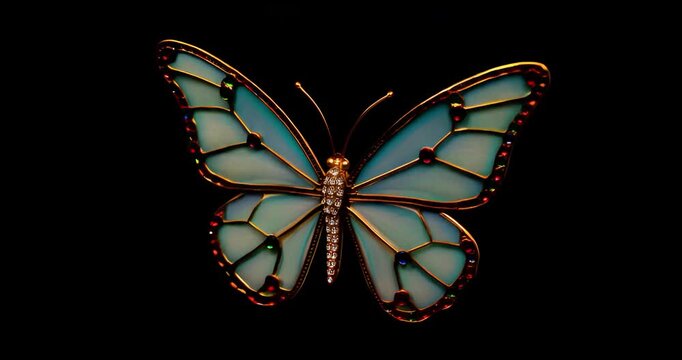 Ornate butterfly jewelry piece with jewel accents against a black background
