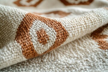 Fototapeta premium Close-up reveals a woven rug with distinct cream and terracotta geometric patterns. Textured natural fibers highlight the detailed artisanal craftsmanship.