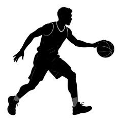 Silhouette of basketball player dribbling the ball, side view