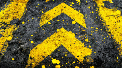 Vibrant yellow directional arrows painted on weathered asphalt with dynamic splatters creating an abstract urban street art effect