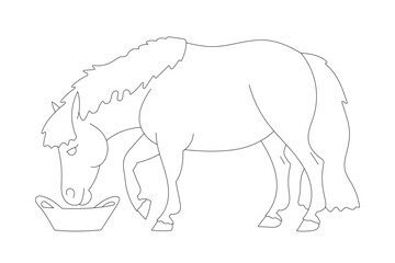 Pony with long mane eating from a feeding bowl in simple black and white outline style