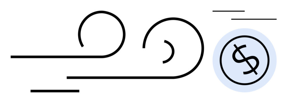Stylized wind lines pushing a dollar coin forward, symbolizing monetary flow, speed, financial growth. Ideal for finance, digital payment, economy, efficiency technology wealth success. Simple