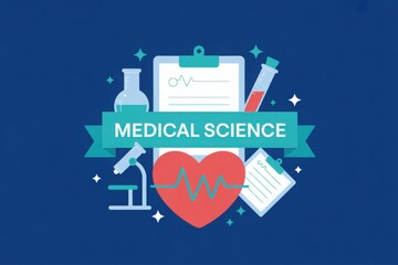 Medical Science-themed illustration with elements such as a heart, microscope, and test tubes. Ideal for medical educational materials, research presentations, or healthcare designs