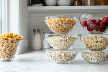 Variety of breakfast cereals and berries on white kitchen countertop