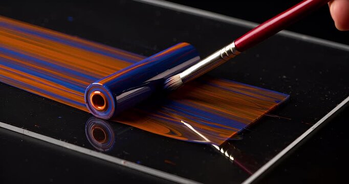 Painting with roller brush creating an abstract composition on black surface
