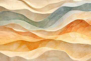 Abstract textured waves in warm desert hues and cool geological layers create a serene, flowing landscape.