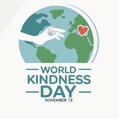 Graphic illustration of a hand reaching towards a heart on a globe for World Kindness Day earth
