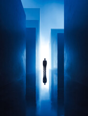 Obraz premium Solitary figure in a futuristic architectural corridor with dramatic lighting
