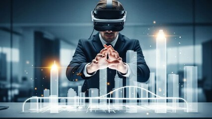 Businessman using virtual reality headset to interact with holographic city development - Powered by Adobe