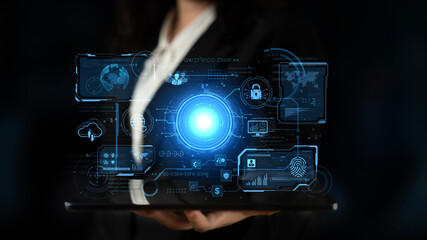 A futuristic command center interface for managing a global technology platform. The dashboard includes data security, network administration, and biometric user authentication. Fermion