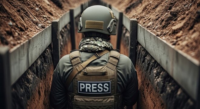 Journalist in a Trench Documenting Conflict Events