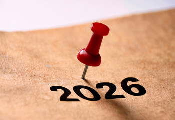 Red pin marks year 2026 on brown paper