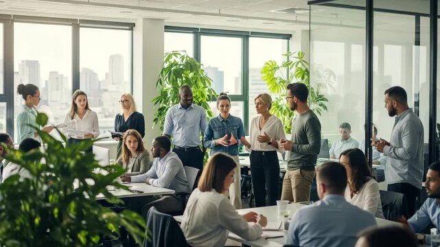 Diverse team collaborating in a modern office space with large windows and city views outside